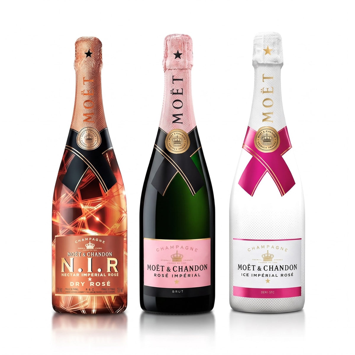 PACK CUOTAS: Champagne MOET & CHANDON Ice Rose Botella 750ml + Champagne MOET & CHANDON Rosé Imperial Botella 750ml + Champagne MOET & CHANDON N.I.R. Nectar Impérial Rosé Luminous Botella 750ml