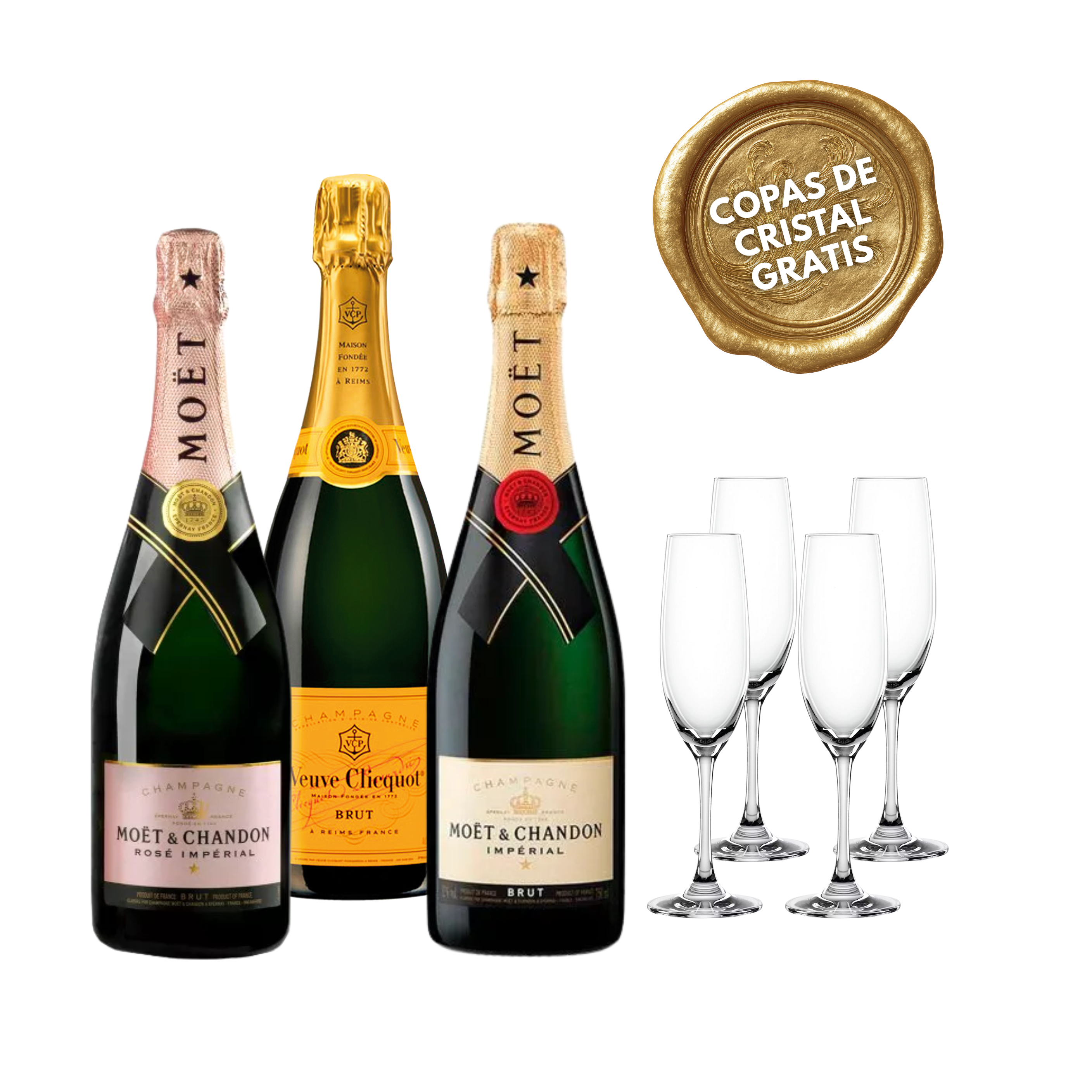 PACK #5: CHAMPAGNES + 4 COPAS CRISTAL GRATIS