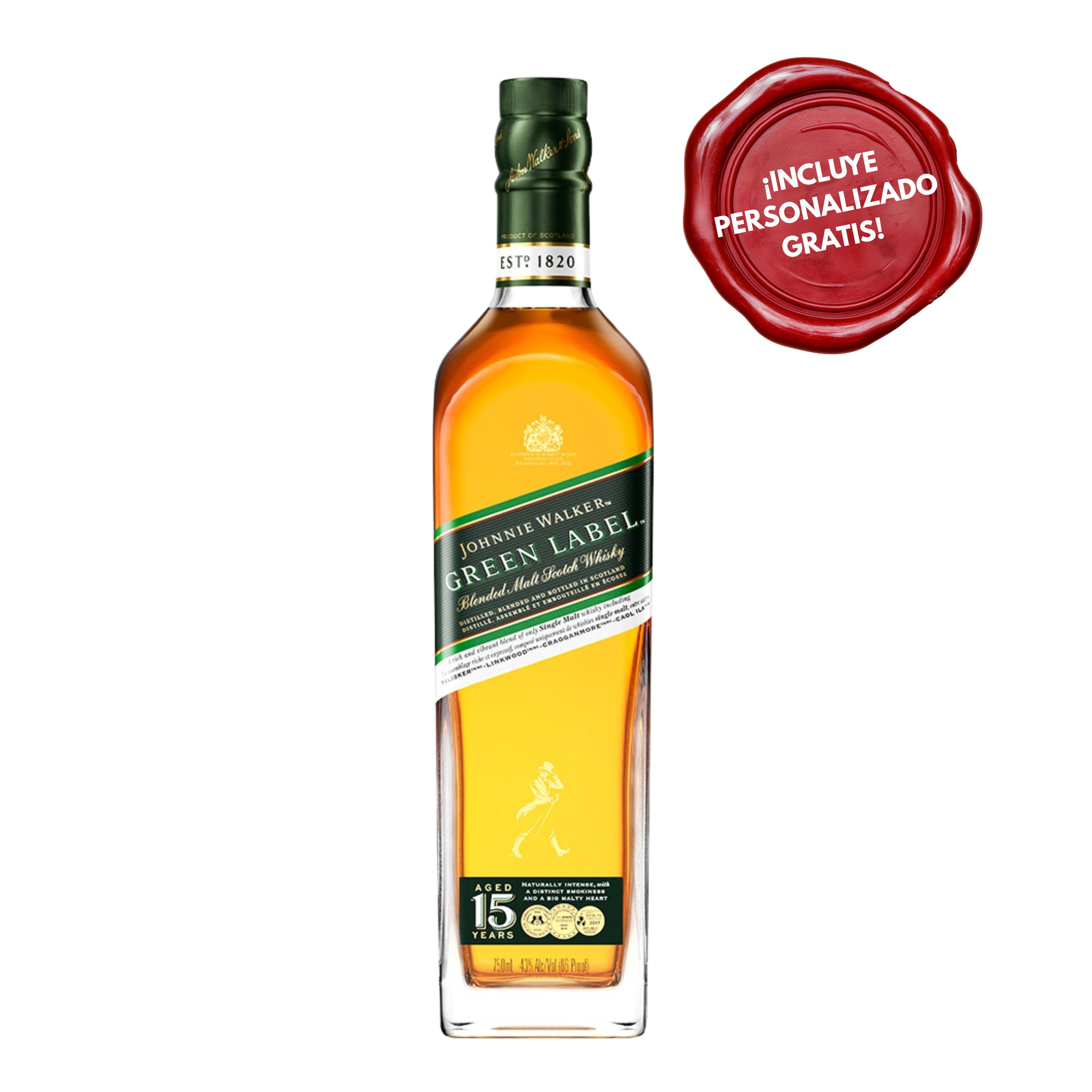 Whisky JOHNNIE WALKER Green Label Botella 750ml. PERSONALIZADO GRATIS