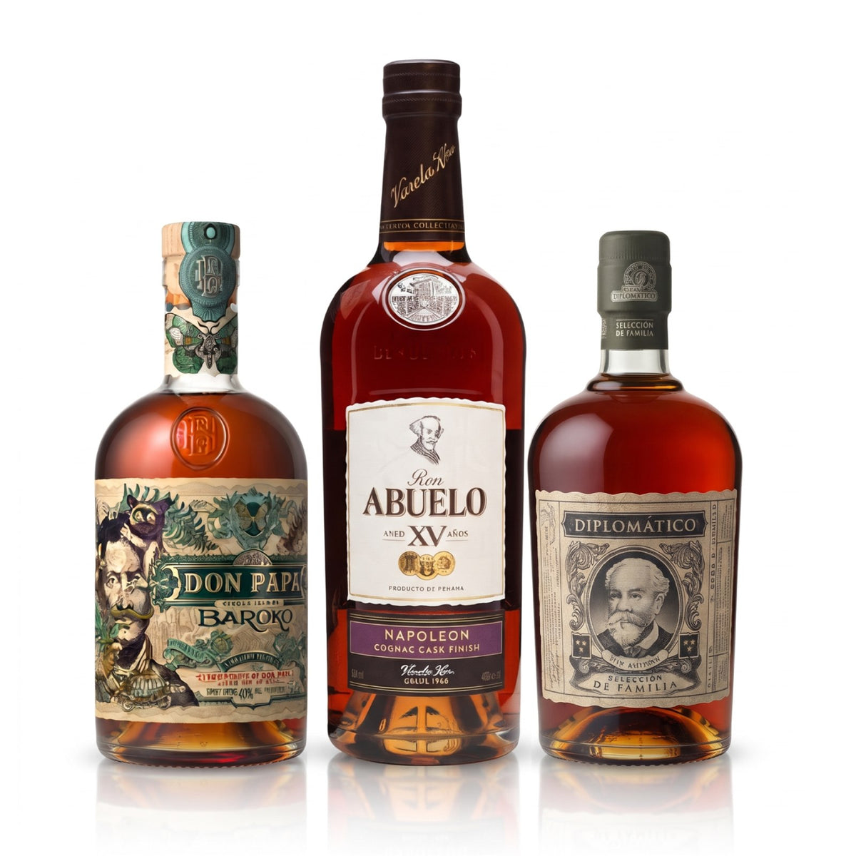 PACK CUOTAS: Ron DIPLOMATICO Selección de la Familia 750ml + Ron Abuelo XV Años Finish Collection – Napoleon Cognac Cask + Ron DON PAPA Baroko Botella 700ml