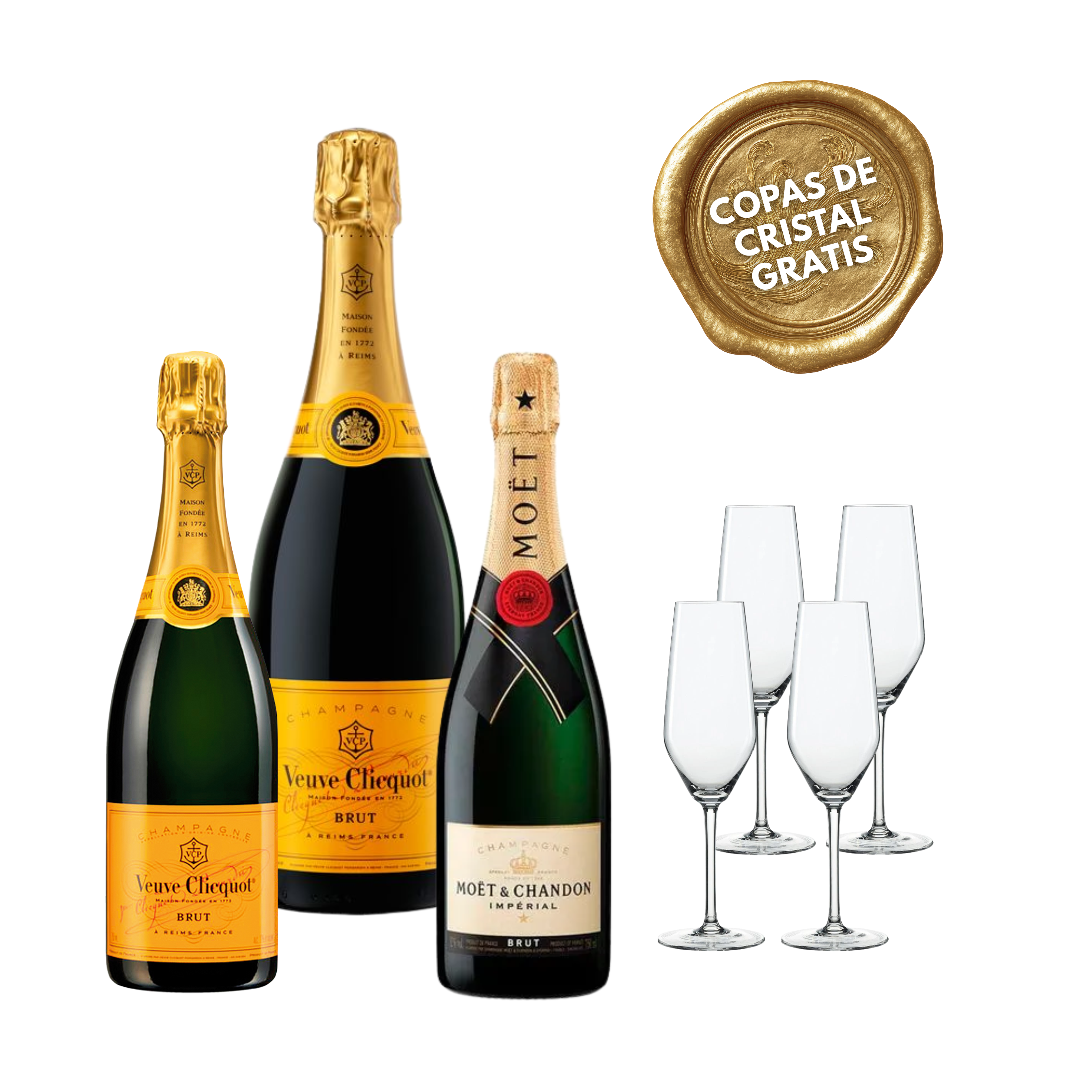 PACK #4 CHAMPAGNES + 4 COPAS CRISTAL GRATIS