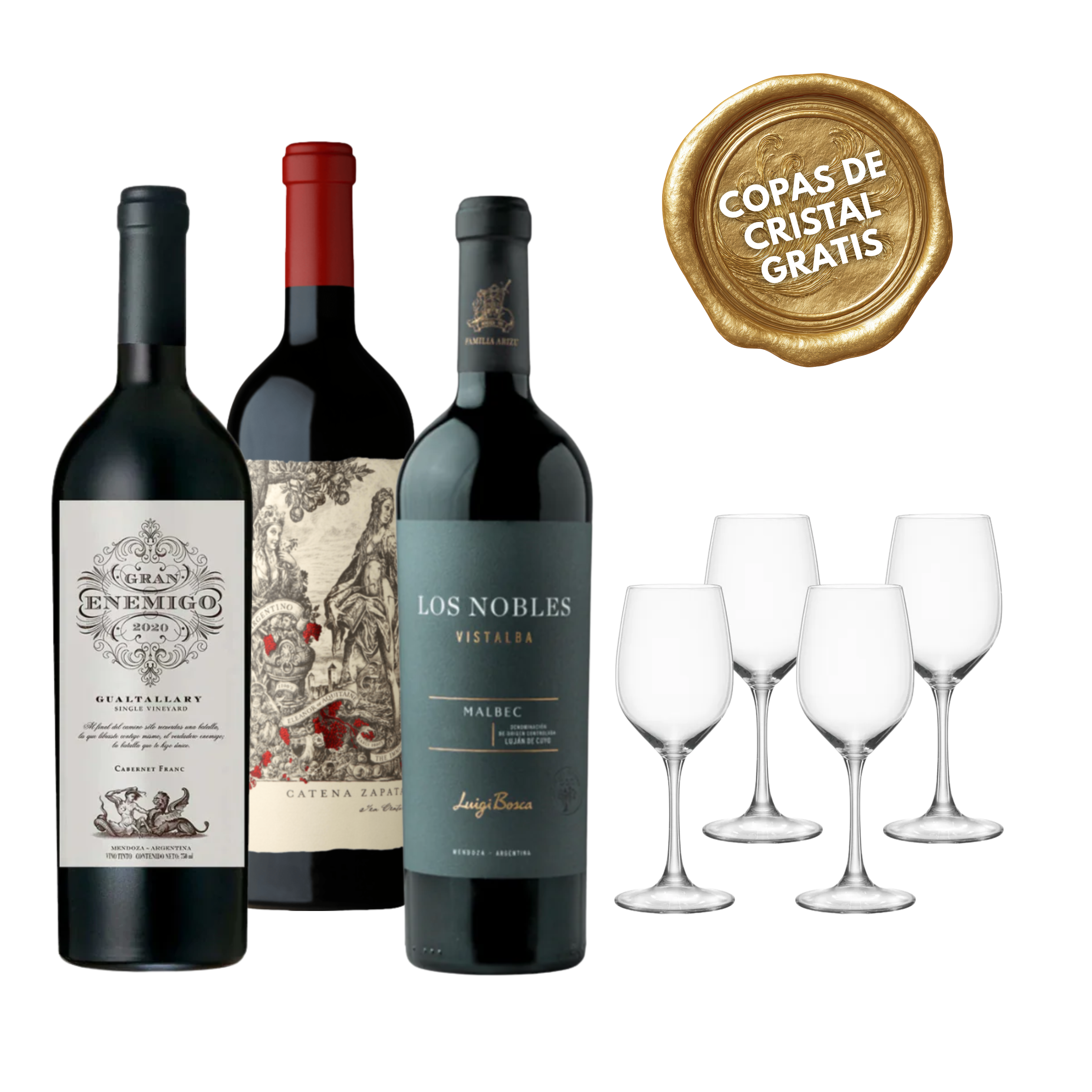 PACK #5:  VINOS ARGENTINOS + 4 COPAS CRISTAL GRATIS