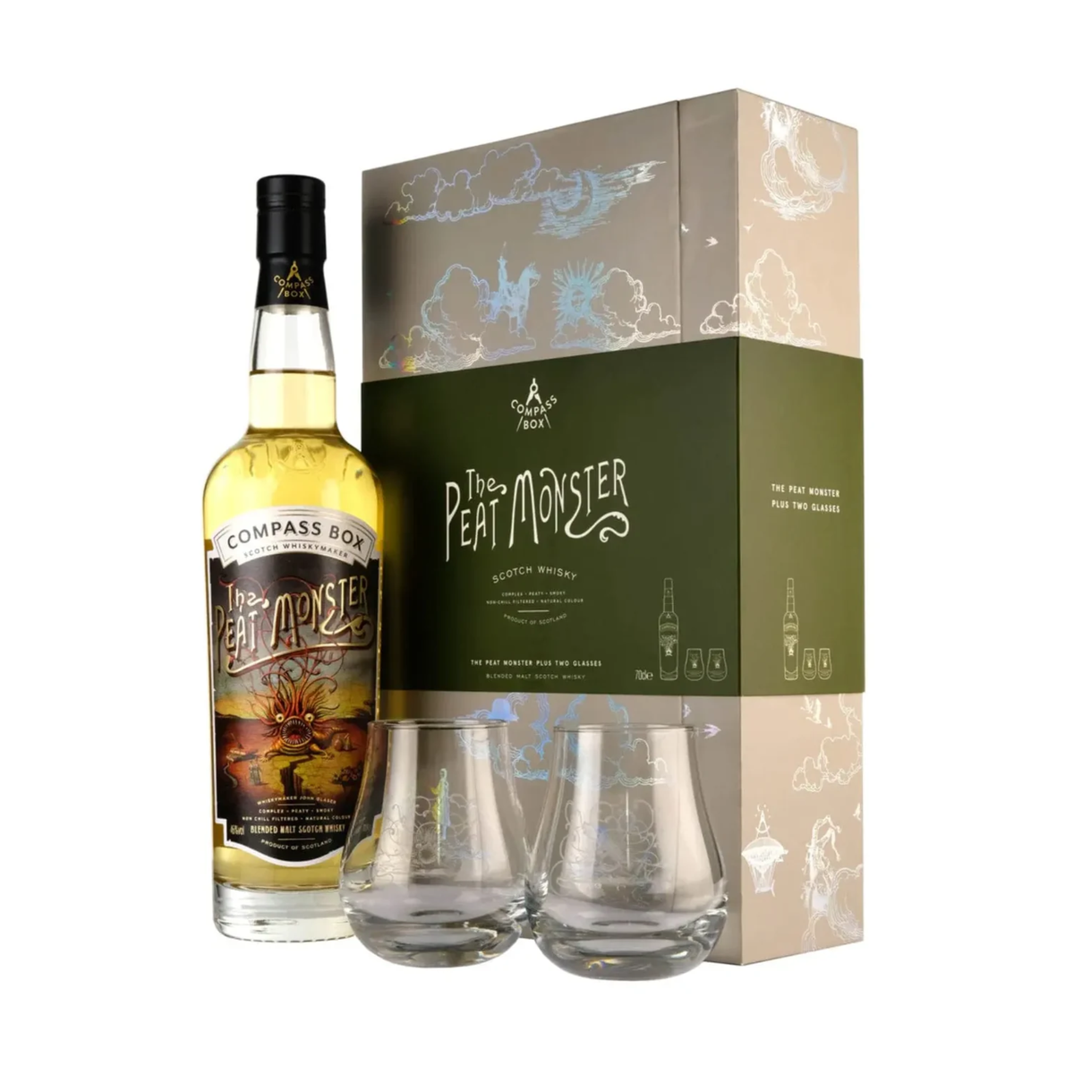 Whisky COMPASS BOX The Peat Monster + Vasos Botella 700ml